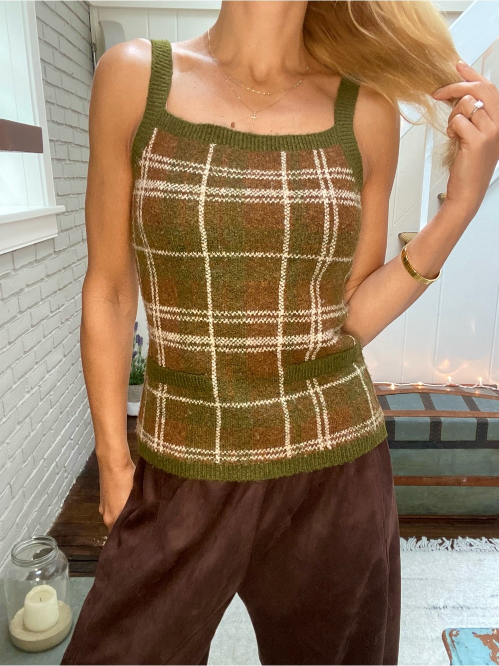 ZARA Olive Brown Plaid Knit Tank Top! 🍂